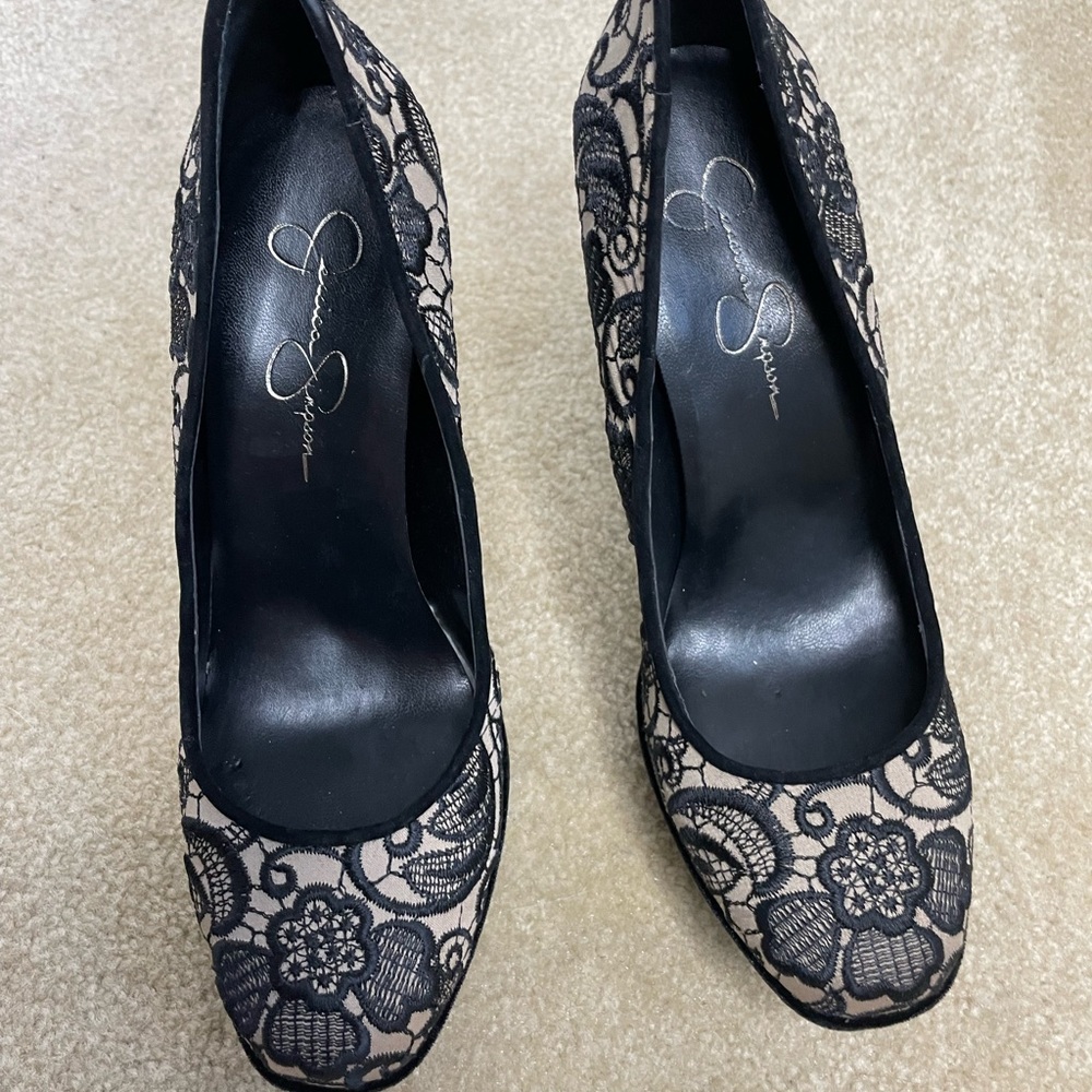 Brand New 5 1/2 inch black and taupe lace platform heels